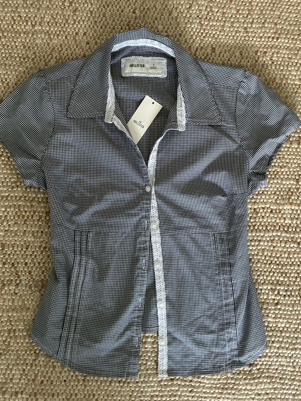 Hollister NWT Navy Gingham Button Top Small Y2K Coquette Fitted Cute - Picture 8 of 10